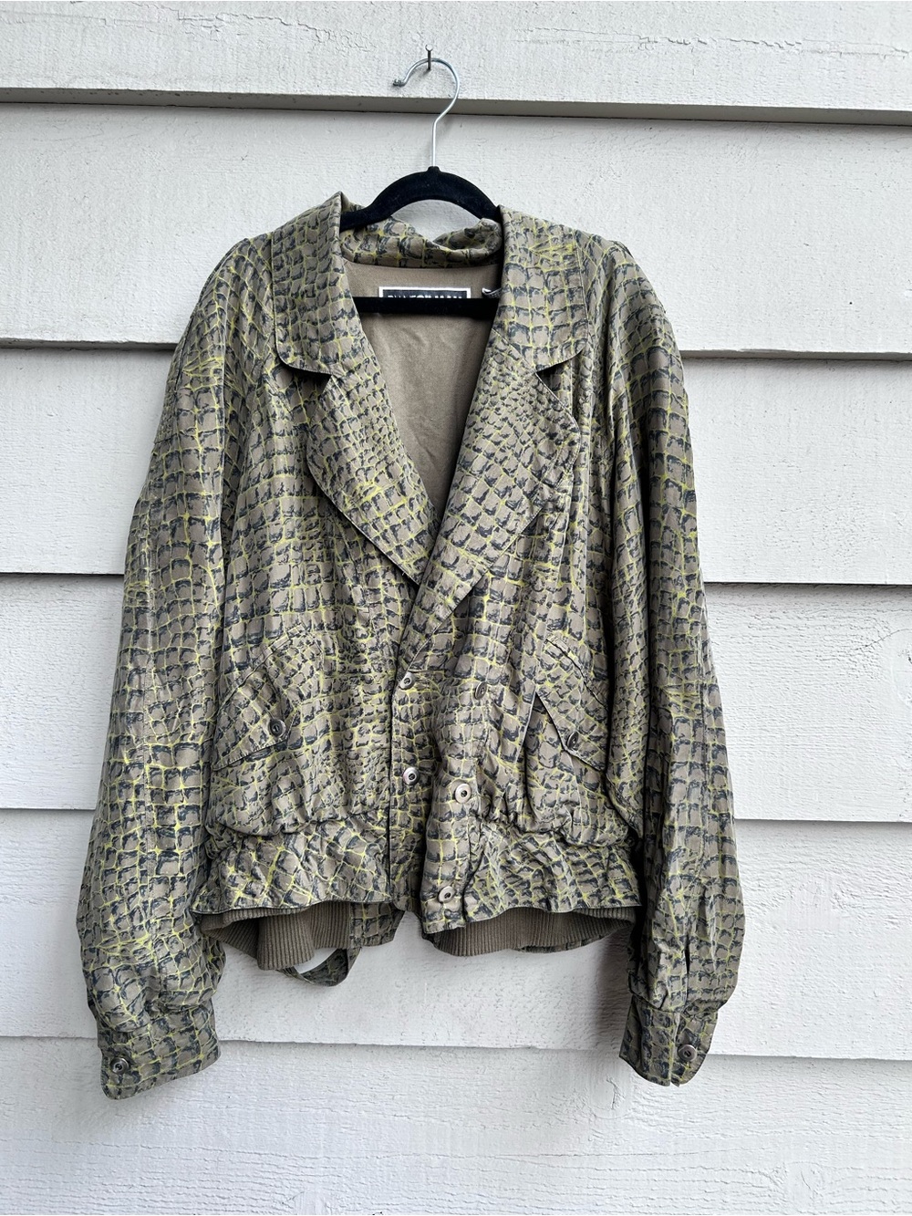 Vintage Diane Gilman Olive Green Snake Print Y2K 100% Silk Jacket Size Large